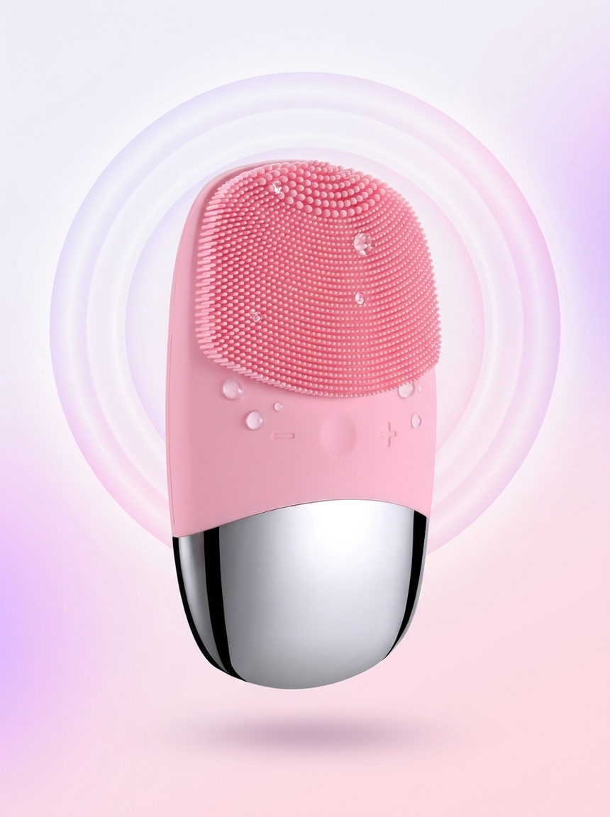 Bare pink silicone electric facial cleansing brush with polished chrome base and fresh water droplets