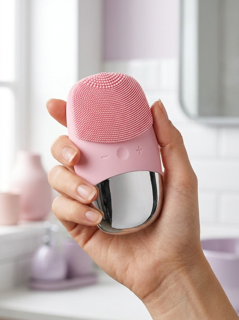 Smiling woman holding Bare brush to her cheek in a bright bathroom