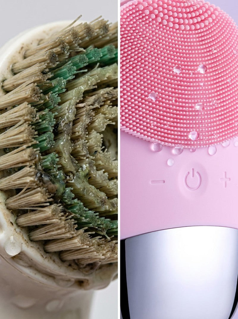 Macro close-up of Bare silicone bristles with water droplets beading off