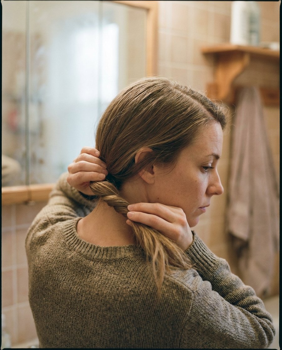 A woman gathering her thinning hair into a loose low ponytail in soft morning light