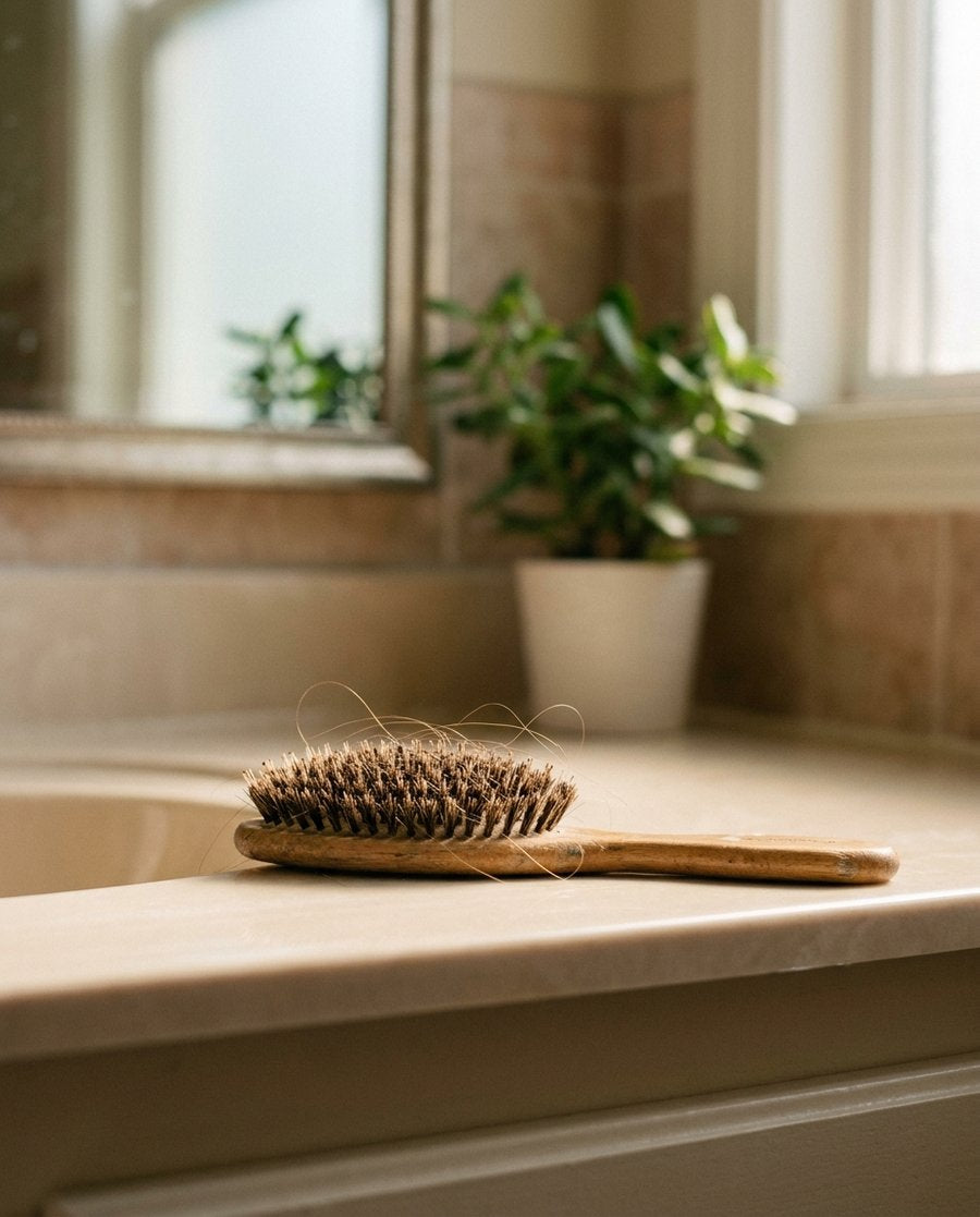 A wooden hairbrush on a bathroom counter with a few loose strands caught in the bristles