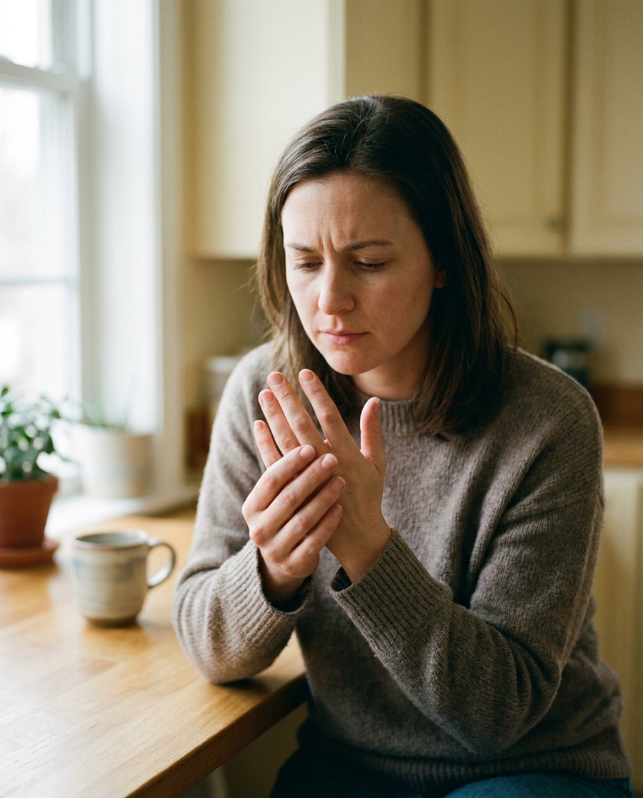 A woman at a kitchen table looking down at her bare, natural fingernails with concern