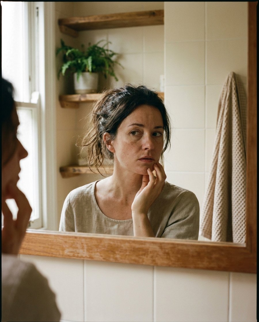A woman studying her reflection in a bathroom mirror in soft morning light