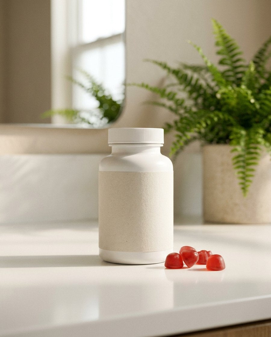 A plain unbranded supplement bottle with red gummies on a bathroom counter